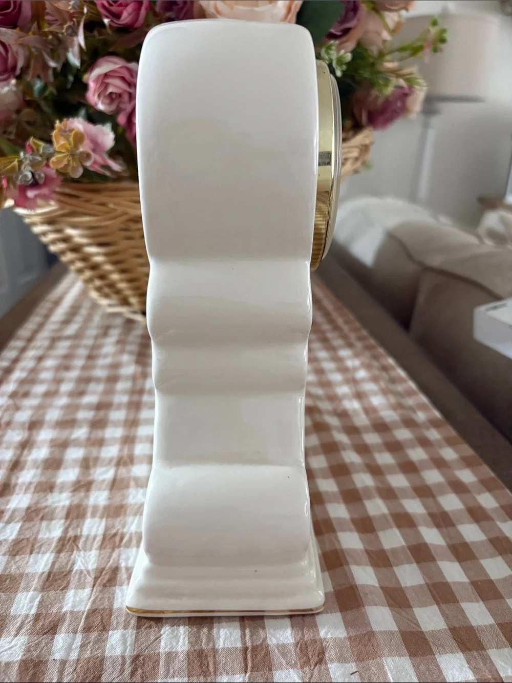 White Ceramic Mantel Clock with Pink Rose Motif
